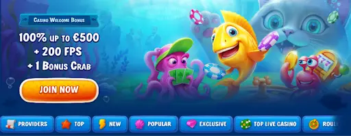 Gele vis, roze octopus en rode krab spelen onder water met pokerchips en gouden munten terwijl een grote kat nieuwsgierig toekijkt. Tekst: Casino Welcome Bonus – 100% tot €500 + 200 FPS + 1 Bonus Crab.
