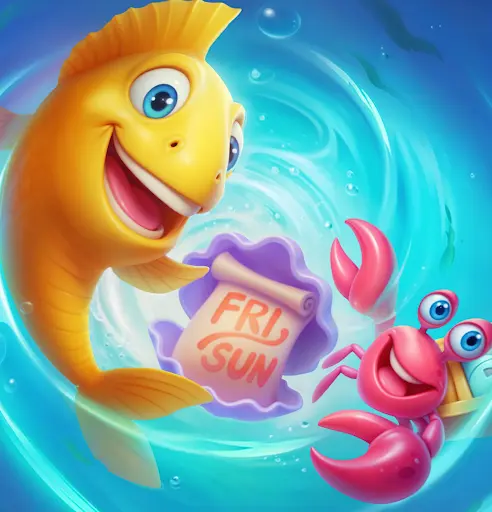 Glimlachende gouden vis en rode krab drijven in het water terwijl ze een rol vasthouden met de tekst “FRI SUN”, omringd door een blauwe draaikolk en luchtbellen.
