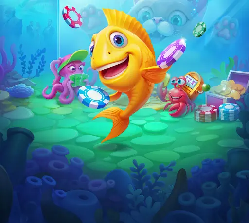 Een vrolijke gele vis houdt casinofiches vast onder water, terwijl een paarse octopus kaarten bekijkt en een rode krab met een gokkast op zijn rug lacht. Op de achtergrond kijkt een nieuwsgierige kat toe door het glas.