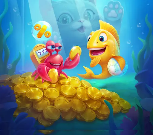 Een glimlachende rode krab met een gokkast op zijn rug en een vrolijke gele vis met een bal naast zich zitten op een stapel gouden munten, terwijl een nieuwsgierige kat door het glas kijkt.